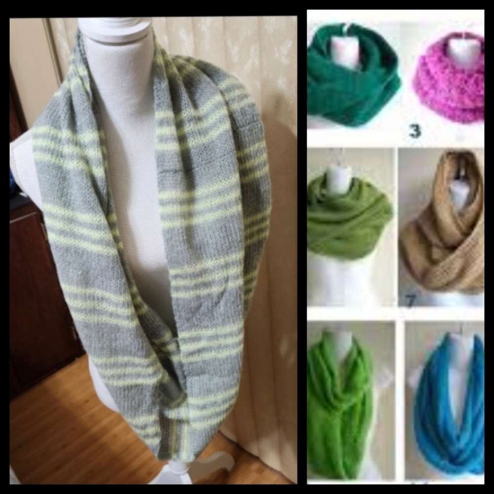 Wooden Ships Striped Infinity Scarf Green/Gray Soft Knit Wool Blend●